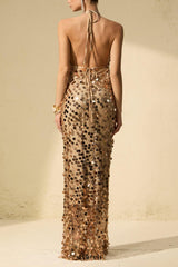 jennifer Gold Sequin Fishnet backless Maxi Dress