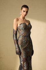 Shnovia Blue Strapless Embroidered Lace Maxi Dress With Gloves