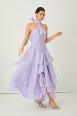linda Purple Halter Neck Tiered Ruffle Maxi Dress