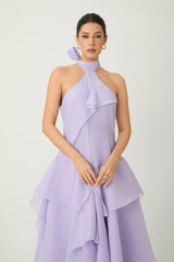 linda Purple Halter Neck Tiered Ruffle Maxi Dress
