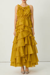 leila Yellow Spaghetti Strap Tiered Ruffle Maxi Dress
