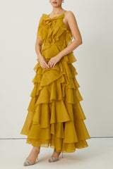 leila Yellow Spaghetti Strap Tiered Ruffle Maxi Dress