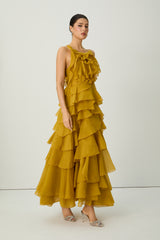 leila Yellow Spaghetti Strap Tiered Ruffle Maxi Dress
