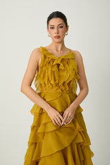 leila Yellow Spaghetti Strap Tiered Ruffle Maxi Dress