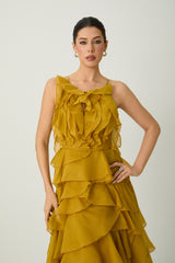 leila Yellow Spaghetti Strap Tiered Ruffle Maxi Dress
