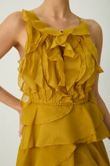 leila Yellow Spaghetti Strap Tiered Ruffle Maxi Dress