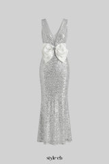 Sequin Maxi Dress With Satin Bow Detail - Light Grey