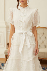 White Lace Tiered Midi Dress with Puff Sleeves and Sash Belt