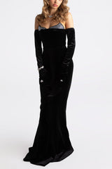 ellen high slit velvet strapless maxi dress in black