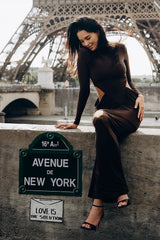 jacqueline Turtleneck Long Sleeve Cutout bodycon Gown in brown