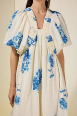 susie Print Smocking Puff Sleeve Midi Dress - blue