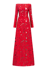 rhinestone boat neck floral hollow lasercut maxi dress - red