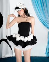 erica Floral patchwork strapless top skirt set in black