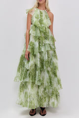 claire green floral print pleated layer maxi dress