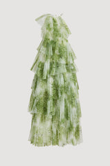 claire green floral print pleated layer maxi dress
