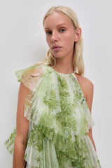 claire green floral print pleated layer maxi dress