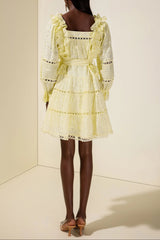 victoria Embroidered hollow Ruffle Mini Dress - yellow