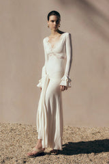 pamela V-neck lace see-through maxi dress in white