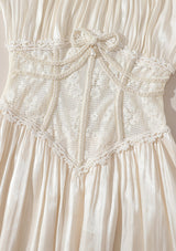 Square neck puff sleeve lace satin maxi dress - white