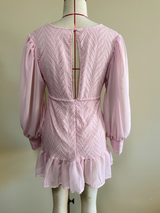 Lantern sleeve deep V-neck hollowed-out mini dress - pink