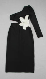 FLOWER APPLIQUE ONE SHOULDER MIDI DRESS  IN BLACK