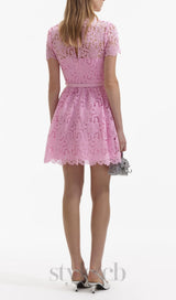 PINK GUIPURE ROUND NECK MINI DRESS