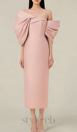 OFF SHOULDER RUCHED MIDI DRESS IN PINK