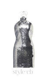 Cinwa Floral Appliqué Halter Sequin Mini Dress - Silver