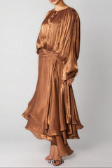 brown Pleated Bodice Draped puff sleeve Maxi Dress