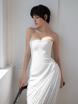 Wanda White Strapless Ruched Asymmetrical Midi Dress