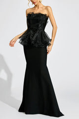 lorraine Black Peplum strapless maxi Dress