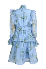janice blue Print Ruffle Lace-Up Mini Dress