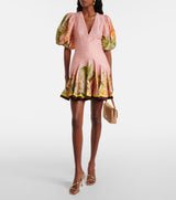 v-neck puff sleeve cotton linen printed mini dress - pink