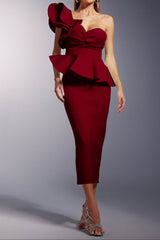 Luysa One Shoulder Asymmetry Red Midi Set