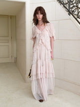 kristin Lace Three-Quarter Sleeve Ruffle maxi Dress - pink