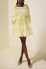 victoria Embroidered hollow Ruffle Mini Dress - yellow