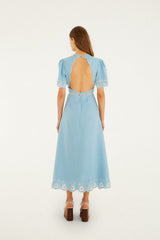 Light Blue Embroidered Euroflax™ Premium Linene Midi Dress