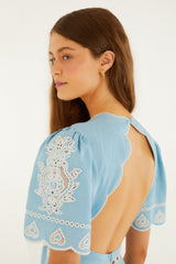 Light Blue Embroidered Euroflax™ Premium Linene Midi Dress
