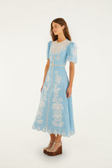 Light Blue Embroidered Euroflax™ Premium Linene Midi Dress