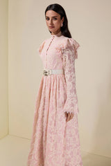 alma Chiffon Embroidered Single Breasted Midi Dress With Belt - pink