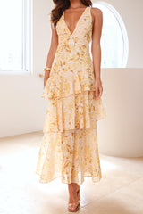 v-neck Waves floral print backless Maxi Dress - Yellow