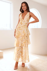 v-neck Waves floral print backless Maxi Dress - Yellow