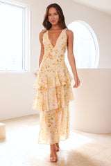 v-neck Waves floral print backless Maxi Dress - Yellow