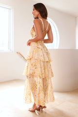 v-neck Waves floral print backless Maxi Dress - Yellow