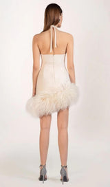 WHITE FEATHER-EMBELLISHED CREPE MINI DRESS