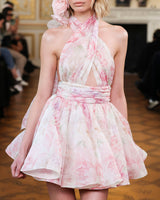 murray floral print halter backless mini dress - pink
