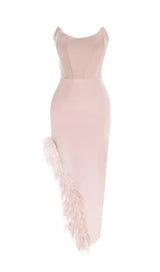 FEATHER TRIM SPLIT MIDI DRESS IN BUBBLEGUM