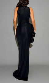 HALTER FLOWER SLIT MAXI DRESS IN BLACK