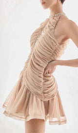 CHAMPAGNE AMENAE EMBELLISHED RUCHED MINI DRESS