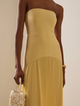Pale Yellow Strapless Textured Pleated Floor-Length Maxi Gown